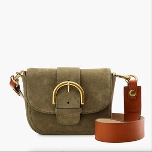 J. Crew Crossbody buckle bag Italian suede olive green tan strap leather NWT